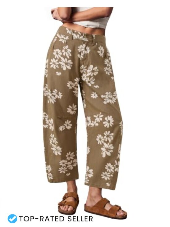 Denim - High Waisted Baggy Barrel Jeans Floral Print Patchwork Cropped Denim Pants